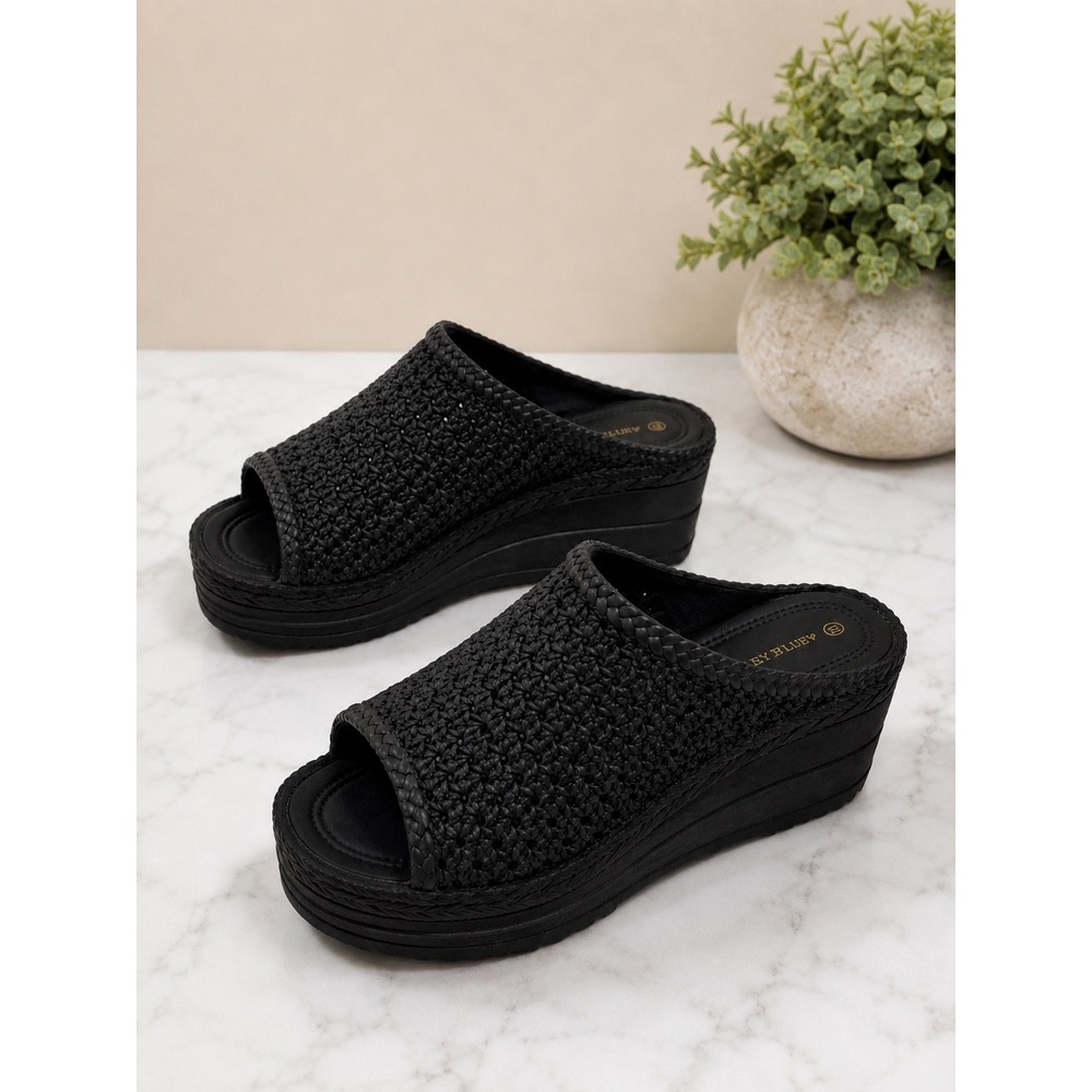 Ashley Blue Womens Black Woven Platform Wedge Slide Sandals MJZ-B2021 Size 9-10
